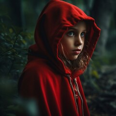 Little red riding hood in the dark woods at night, style dingy