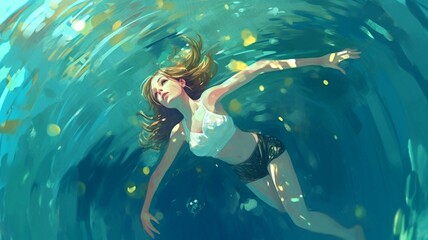 Fototapeta na wymiar anime girl swimming in a pond painting generative ai