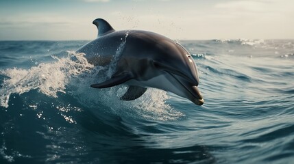 Fototapeta premium Dolphin jumping in sea water realistic photo realistic. Al generated