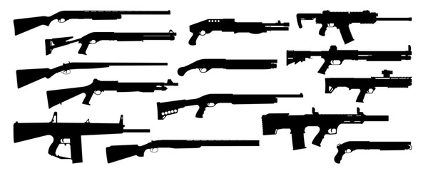 Weapons silhouette set. Collection of various shotguns. Vector illustration - obrazy, fototapety, plakaty