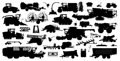 Agricultural silhouette set. Collection of various realistic agri vehicles and equipment. Vector illustration