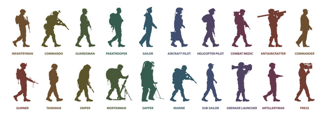 Military professions set. Side view silhouette of soldiers on white background. Vector illustration