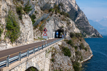 View of the road and the tunnel through the mountain, Lake Garda in Limone sul Garda