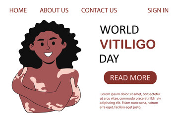 World vitiligo day landing page template. Young woman with depigmentation skin. African American female character with skin disease. Self love concept. Vector illustration