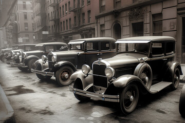 illustration of cars in the 1930s parked in the street during a mafia meeting, Generative Ai. - obrazy, fototapety, plakaty