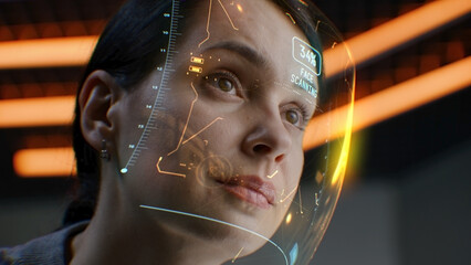 Face portrait of caucasian woman with straight look. 3D visualization of human innovative AI...