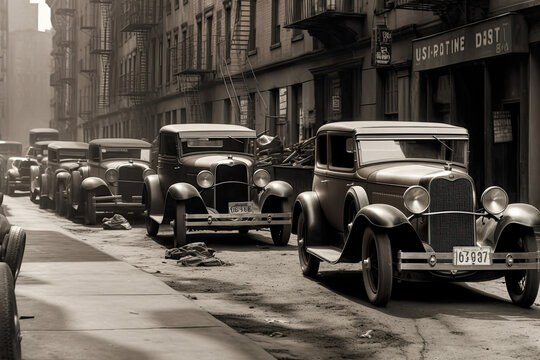 Illustration Of Cars In The 1930s Parked In The Street During A Mafia Meeting, Generative Ai.