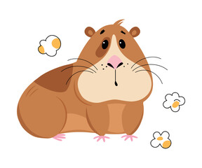 Cute guinea pig eating popcorn. Funny brown pet rodent cartoon vector illustration