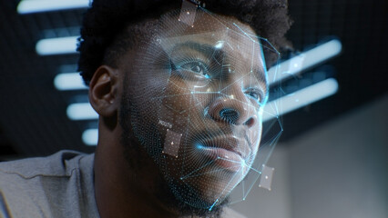 Face portrait of young African American man with focused look. 3D animation of human futuristic AI...