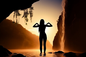 silhueta de mulher com corpo fitness em bela pose dinâmica, cachoeira, hora de ouro,