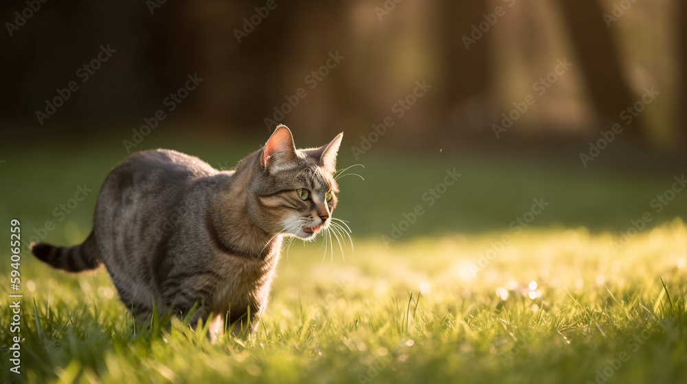Poster a cat walking through the grass in the sun. ai generative image
