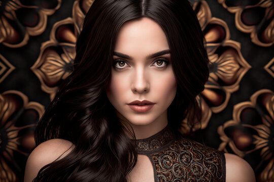 portrait of a woman, studio image of a beautiful latina woman with black hair, image created with artificial intelligence
