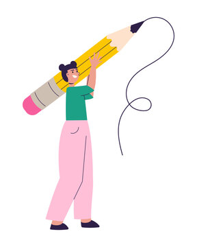 Female Student Holding Big Pencil. Happy Young Girl, Artist, Writing With Large Pencil. Back To School And Education, Knowledge Concept. Flat Cartoon Vector Illustration