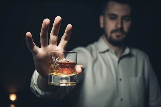 O homem se recusa a dizer n&atilde;o e evita beber um u&iacute;sque alco&oacute;lico, parando o sinal de m&atilde;o masculino, tratamento de alcoolismo, depend&ecirc;ncia de &aacute;lcool, parar de beber, parar de beber &aacute;lcool. Recusar licor