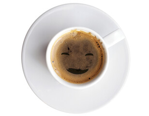 hot smiling coffee in white mugs with, isolated over a transparent background, hot drink, beverage design element, flat lay, top view