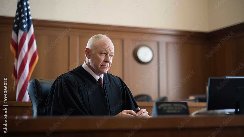 Poster a judge sitting at a desk in front of an american flag. ai generative image