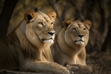 Fototapeta na wymiar Lions in nature. Generative AI