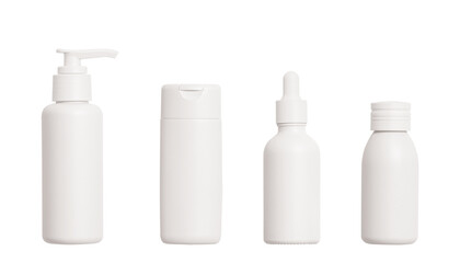 various white bottles, roller bottles, made of metal for cosmetics, natural medicine, essential oils or other liquids isolated on a transparent background, top view, cut out
