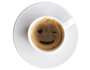 hot winking coffee in white mugs with , isolated over a transparent background, hot drink, beverage...