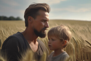 father and son in a wheat field, looking thoughtfully into the distance with a serious expression on their faces, created with Generative AI Technology