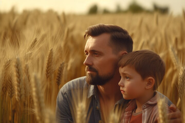 father and son in a wheat field, looking thoughtfully into the distance with a serious expression on their faces, created with Generative AI Technology