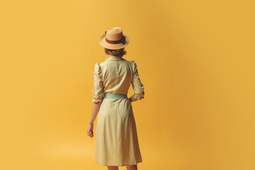Stylish woman in 1950s yellow dress and hat against yellow background, shot in the studio, rear view, created with Generative AI Technology