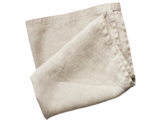 natural linen napkin in a neutral shade, great as background object for flatlays, isolated over a transparent background, textile design element, top view, cut out,