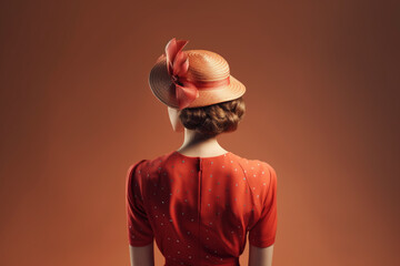 woman in red dress and a 1950s style hat against red background, shot in the studio, rear view, created with Generative AI Technology