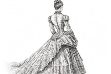 illustrated drawing of woman dressed puffy dress in Victorian era 19th century clothing on white background, back side view, created with Generative AI Technology