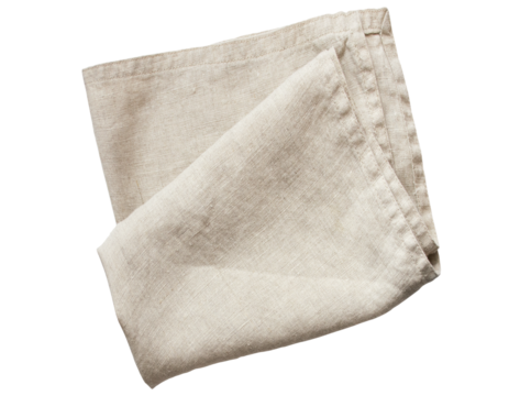 natural linen napkin in a neutral shade, great as background object for flatlays, isolated over a transparent background, textile design element, top view, cut out,