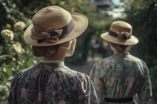 two sisters dressed in Victorian era clothing walk through green park in springtime. The women are dressed in stylish clothes, back side view, created with Generative AI Technology