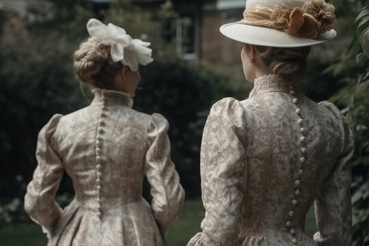 two sisters dressed in Victorian era clothing walk through green park in springtime. The women are dressed in stylish clothes, created with Generative AI Technology
