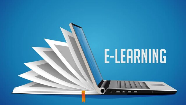 Computer as book knowledge base concept - laptop as elearning idea - stay at home and learn without going to school