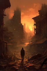 Post-apocalyptic dystopian city. Created with generative ai technology.