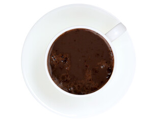 white mug with hot chocolate, isolated over a transparent background, hot drink, beverage design element, flat lay, top view,cut out,