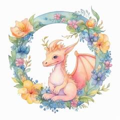 A cute little dragon among flowers.   Watercolor. For cards, posters, decor, games, books.