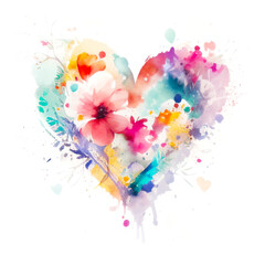 Fototapeta na wymiar Watercolor Colorful Soft Flowers in Shape of Heart. AI generative. Love Symbol on White Background.