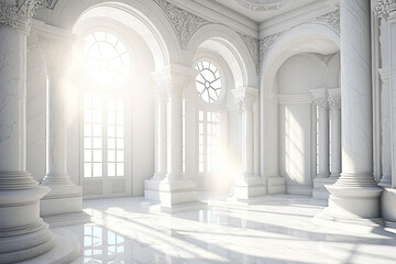 White Marble Luxury Palace Interior. AI generative. Bright Big Sunny Windows.