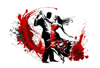 Graphic of Couple in Passionate Tango Dance. AI generative. Ink Painting in Black and Red. - obrazy, fototapety, plakaty