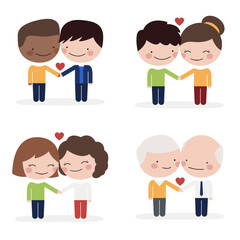 Familia y amor.  Parejas felices enamoradas en el día y mes del orgullo LGBT, mujeres, hombres, abuelos, diversidad de familias felices. Vector