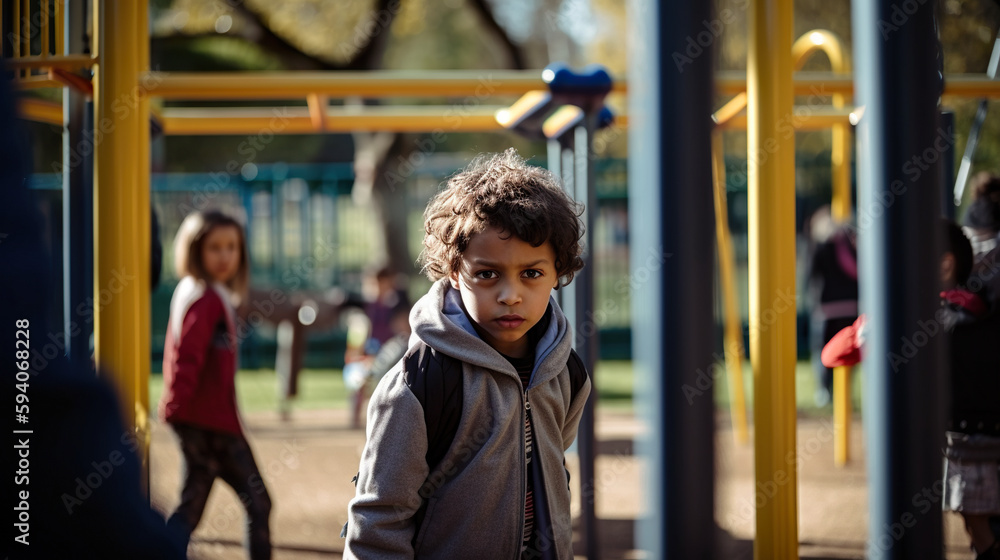 Poster a disturbed upset young boy standing in front of a playground. ai generative image