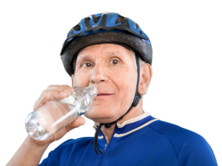 Portrait of sporty senior cycler in helmet drinking water from bottle isolated on white