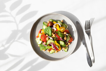 Vegetarian vegetable salad with chickpeas, tomatoes, red onions, cucumbers and lettuce. Vegetarian food rich in protein and fiber. 