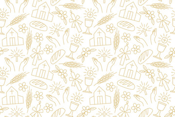 seamless pattern with christian religion icons: holy communion, chalice, bread, ear of wheat, praying hands, candle, church - vector illustration