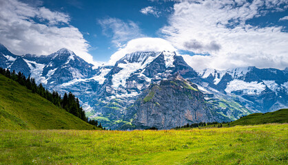 Views of Jungfrau, Monch and Eiger mountains from the mountain view trail, Switzerland