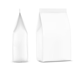 Flat bottom package bag mockup.  Vector illustration isolated on white background. Half and side views. Can be use for template your design, promo, adv. EPS10.