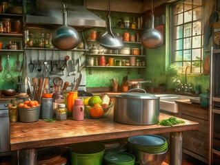 Fototapeta na wymiar Fresh and inviting green kitchen with cooking essentials. Generative AI