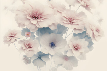 Beautiful spring flowers on a white background. Floral background in pastel colors, generative AI	