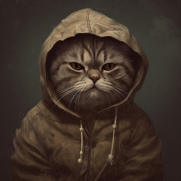 Katze mit Regencape / Hoodie / Lustige Katze - Tierwelt / Ai-generiert