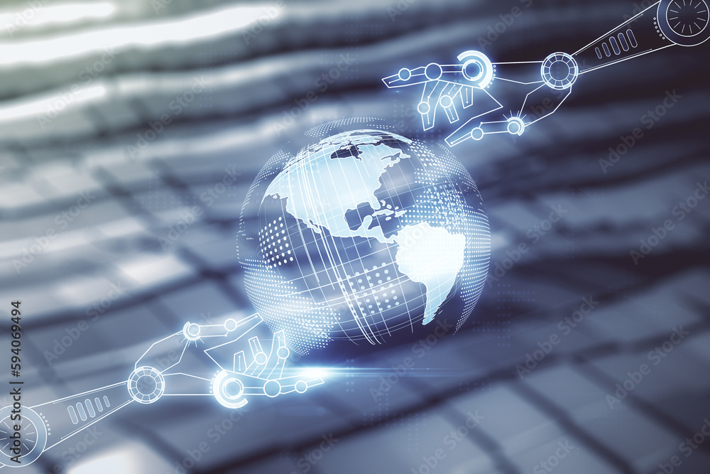 Aufkleber abstract virtual robotics technology hologram with globe sketch on blurry abstract metal background.